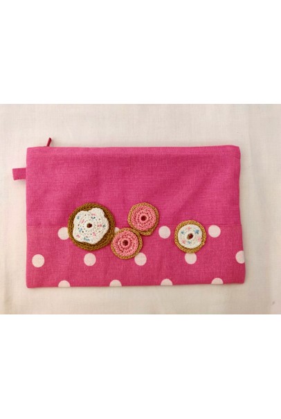 Happy Threads Pretty Cotton Storage Pouch with Donuts Motifs (Dark Pink)